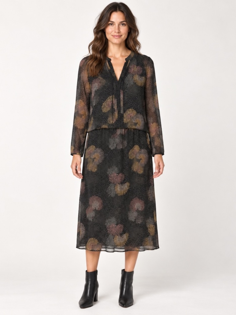 Boho Floral Print Sheer Long Sleeve Shift Dress Size 2 Hartford